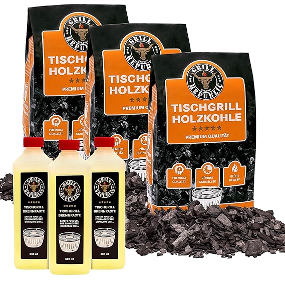 Grill Republic 3x Tischgrill-Kohle 2,5kg & 3x Brennpaste 500ml / 100% reine Buchenholzkohle für rauchfreie Tischgrills wie de