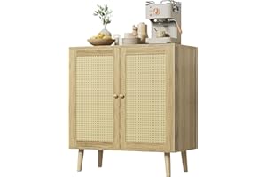 Huuger Buffet Cabinet with Storage, Storage Cabinet with PE Rattan Decor Doors, Accent Sideboard Buffet with Solid Wood Feet, for Hallway, Entry, Living Room, Natural