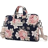 Canvaslife White Rose Patten Canvas Laptop Shoulder Messenger Bag Case Sleeve for 14 Inch 15 Inch Laptop 15 Case Laptop Briefcase 15.6 Inch