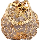 Touchstone Traditional Indian Hand Embroidered Shopping Gifts Jewelry Wedding Faux Pearls Strings Drawstring Bag for Women.