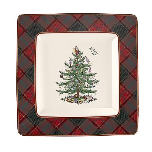 Spode Christmas Tree Tartan Square Platter - 10-Inch Holiday Serving Platter for Christmas Entertaining - Traditional Tartan Plaid Design with Iconic Tree Motif - Microwave & Dishwasher Safe