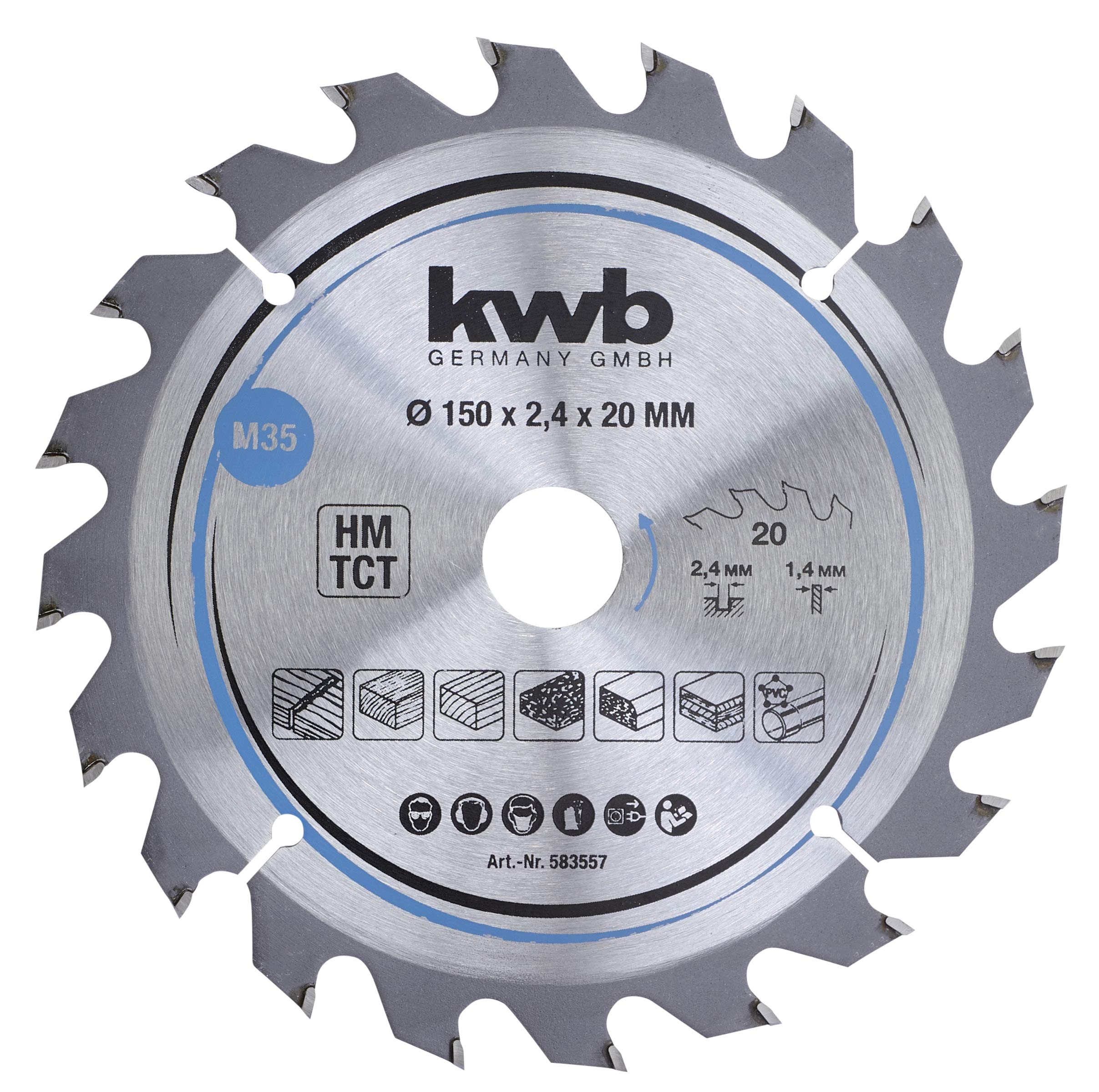 kwb 583557 Chipboard Circular Saw Blade, Wood/Hardwood, 150 x 20 mm, Clean cuts, Medium Number, 20 Teeth Z-20, CleanCut Saw Blade Medium, 150 x 20