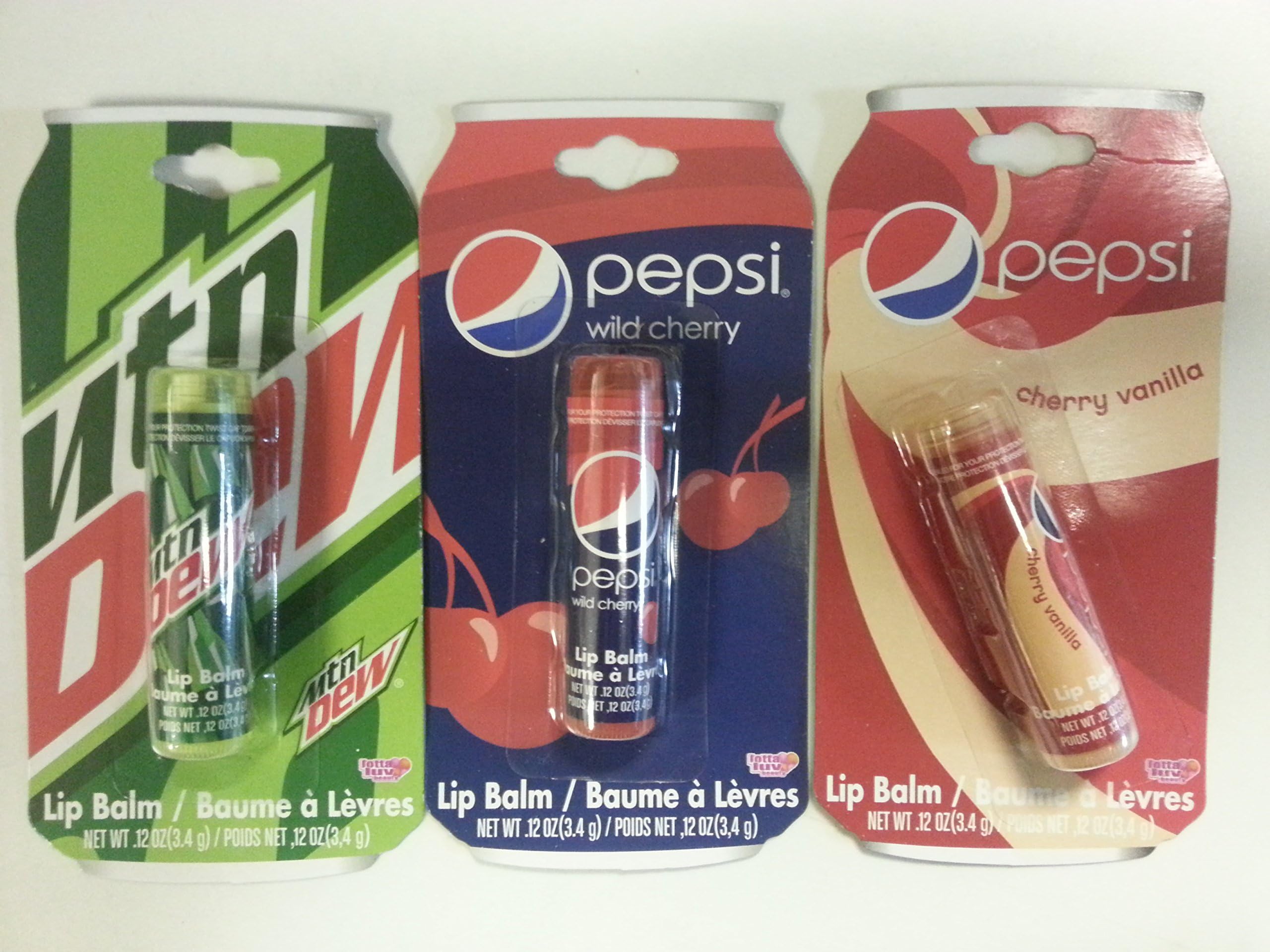 3 X Lotta Luv Pepsi Cherry Vanilla, Pepsi Wild Cherry & Mountain Dew Lip Balms 3.4 g Each