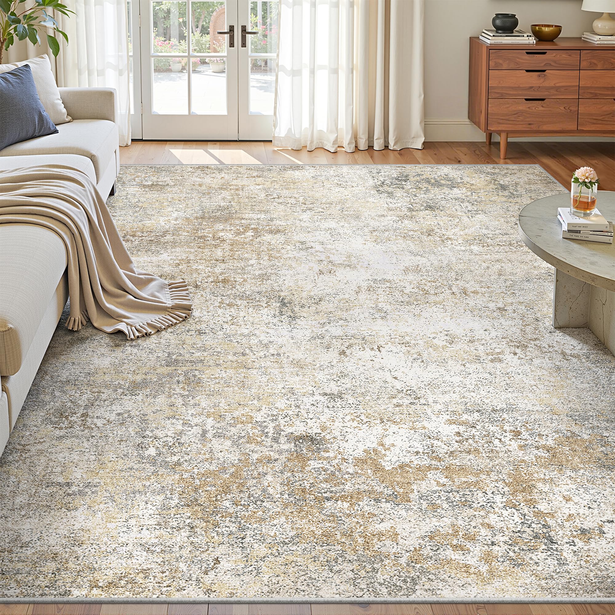 Photo 1 of Art&Tuft Washable Rug, Anti-Slip Backing Abstract Area Rugs, Stain Resistant Rugs for Living Room, Foldable Machine Washable Area Rug(6'x9',Gold Grey)
