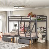 Flieks Triple Bunk Bed Full Over 2 Twin Bunk Bed for 3, Wood Triple Bunk Bed with 3 Drawers and Guardrails, 3 Bunk Bed for Teens, Kids, Boys, Girls, Teens, Adults No Box Spring Needed