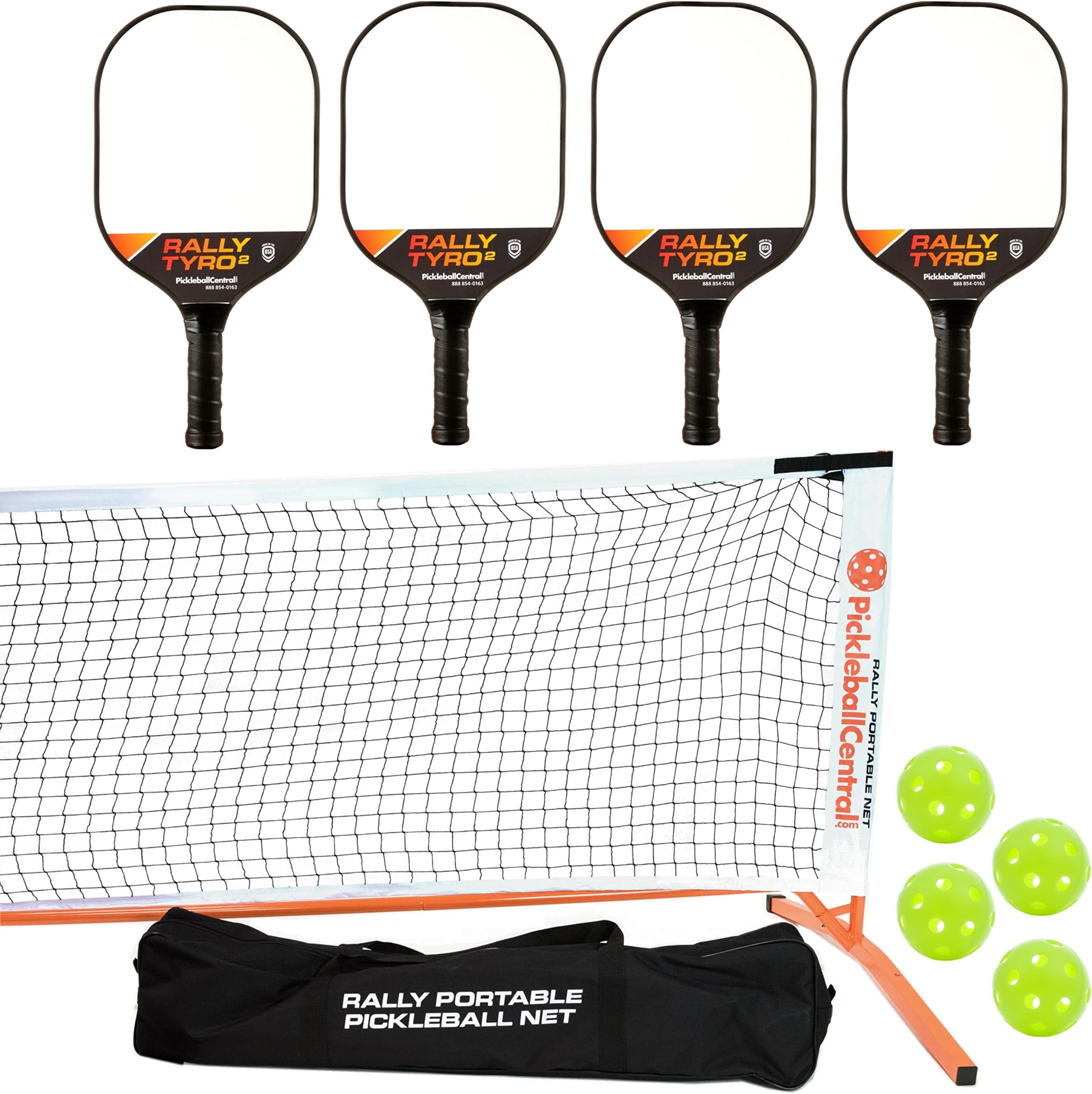 Rally Tyro 2 Pickleball Paddle, Portable Net and Ball Set (Includes Free Standing Metal Frame & Net + 4 Composite Paddles + 4 Balls + Rules Sheet in Carry Bag)