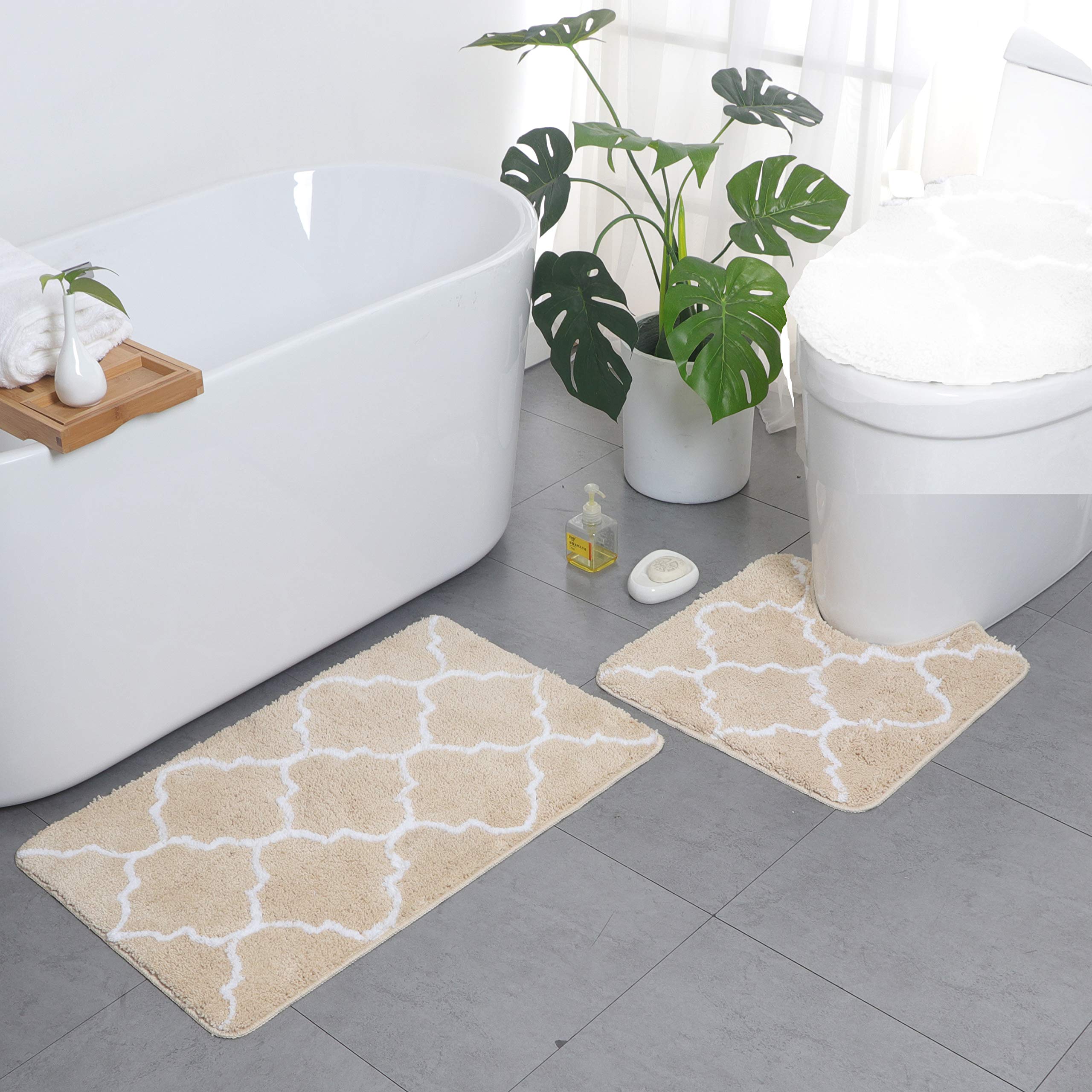 ele ELEOPTION 2 Pieces Non-Slip Bath Mat Set - Microfiber Absorbent Bathroom Mat & U-Shaped Toilet Rug Soft Washable Bathroom Rug Super Absorbent Floor Carpet, Beige