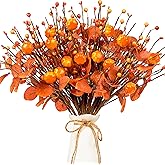 zjlmit Fall Stems 12 PCS Fall Berry Stems 17 Inch Autumn Berry Picks with Orange Eucalyptus Leaves and Pumpkin Berries for Harvest Festival Thanksgiving Home Table Centerpiece Decorations