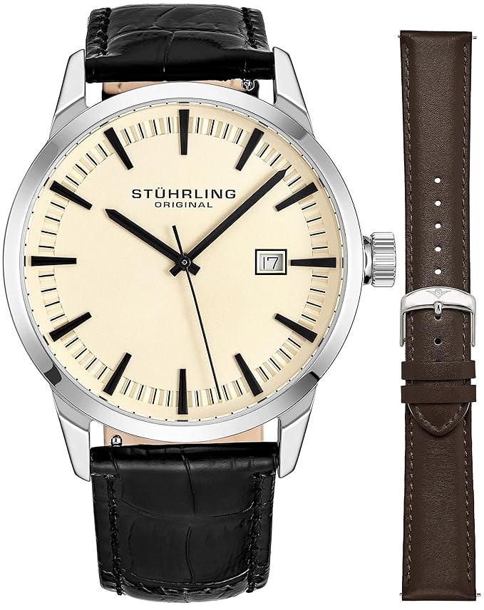 Stuhrling Herren Uhr Analog Quarz mit Leder Armband 555AZ.03