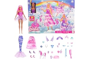 Barbie 2025 Advent Calendar with Doll & 24 Surprise Toy Accessories Including Unicorn & Pets, Transform Fashion Doll into Mer