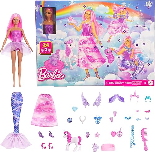 Barbie Advent Calendar with Doll & 24 Surprise Toy Accessories Including Unicorn & Pets, Transform Fashion Doll into Mermaid, Fairy & More, JFL66