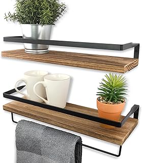 AZANO Schweberegal Wandregal Küchenregal | aus Holz und Metall Schwarz | ideal für Küche Badezimmer Flur Wohnzimmer | mit Handtuchhalter Industrial Design Deko Holzbrett 2 Stück