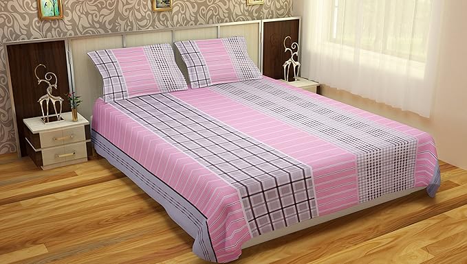 MAFATLAL Premium Cotton Double Bedsheet with 2 Pillow Covers - Double, Pink (Great Evergreen combition of Pink and Grey)