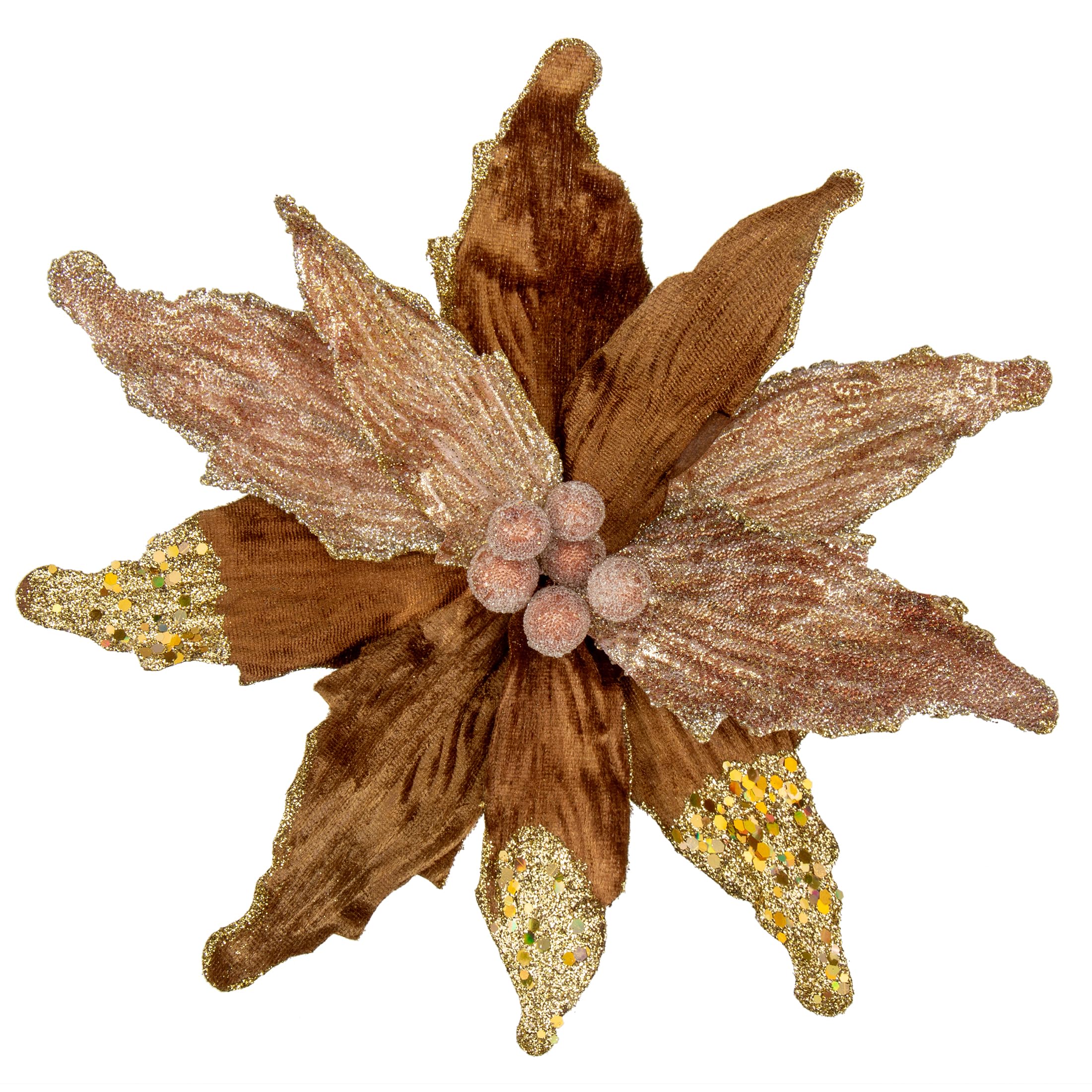 Briful 4 PCS 12" Glitter Poinsettia Brown Artificial Flowers Stem for Christmas Tree Decorations Fake Poinsettia Flowers Large Artificial Christmas Flowers Arrangements for Xmas Decorations