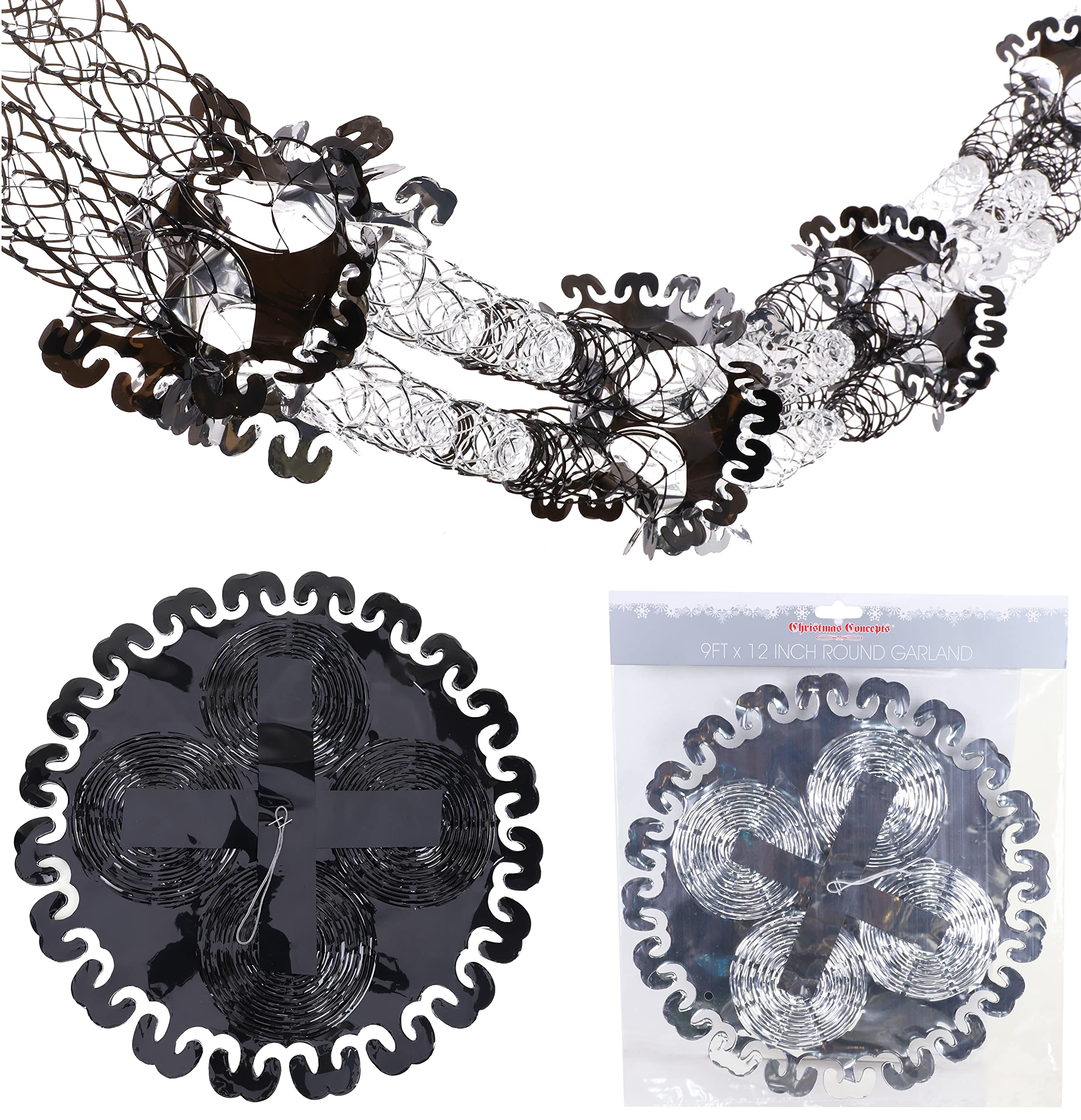 Christmas Concepts® 9ft x 1ft Large Round Foil Garland Festive Hanging Decorations – Christmas Trimming (Black & Silver)