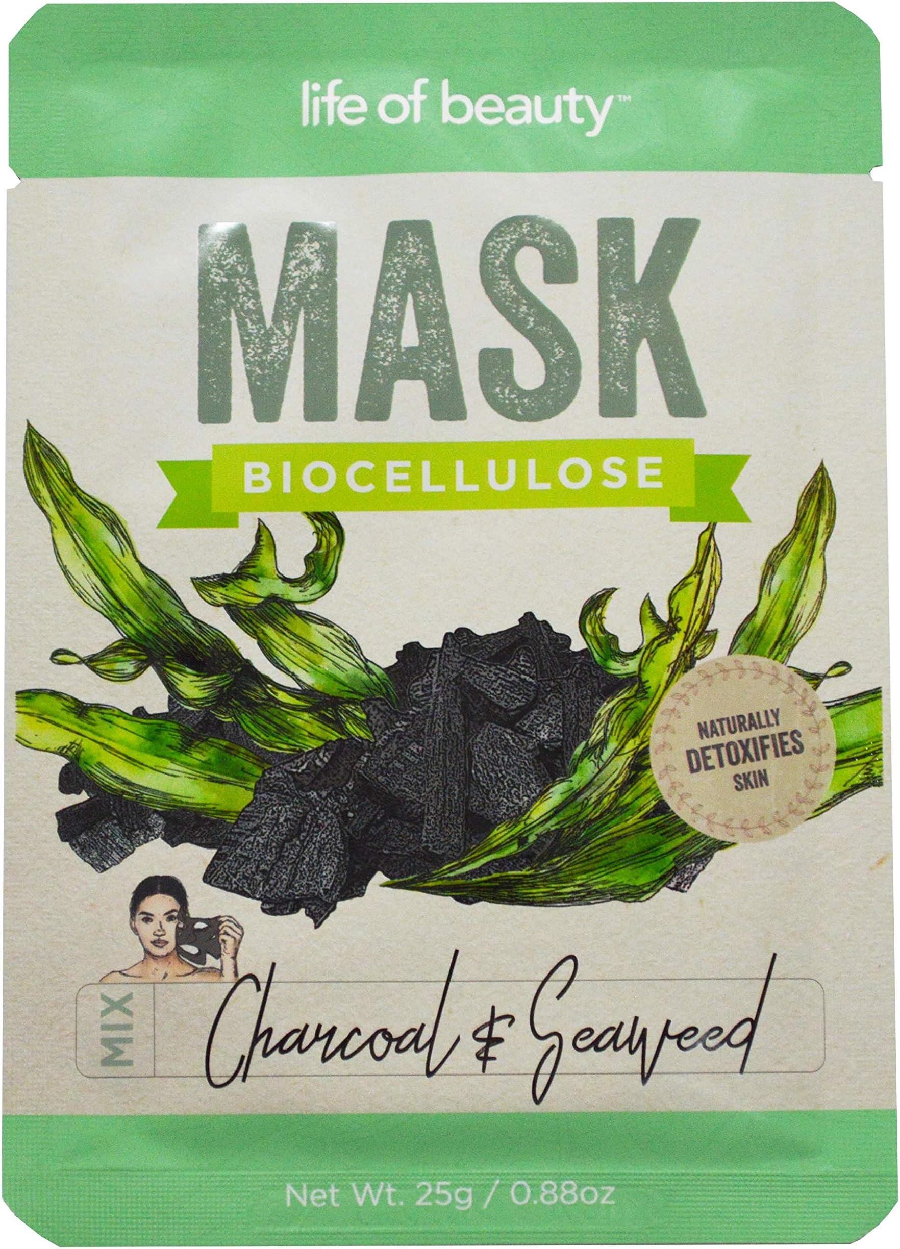 Korean Face Mask, Biocellulose Korean Skin Care Facial Mask w/ Collagen, Charcoal and Seaweed Sheet Mask 1 Pack