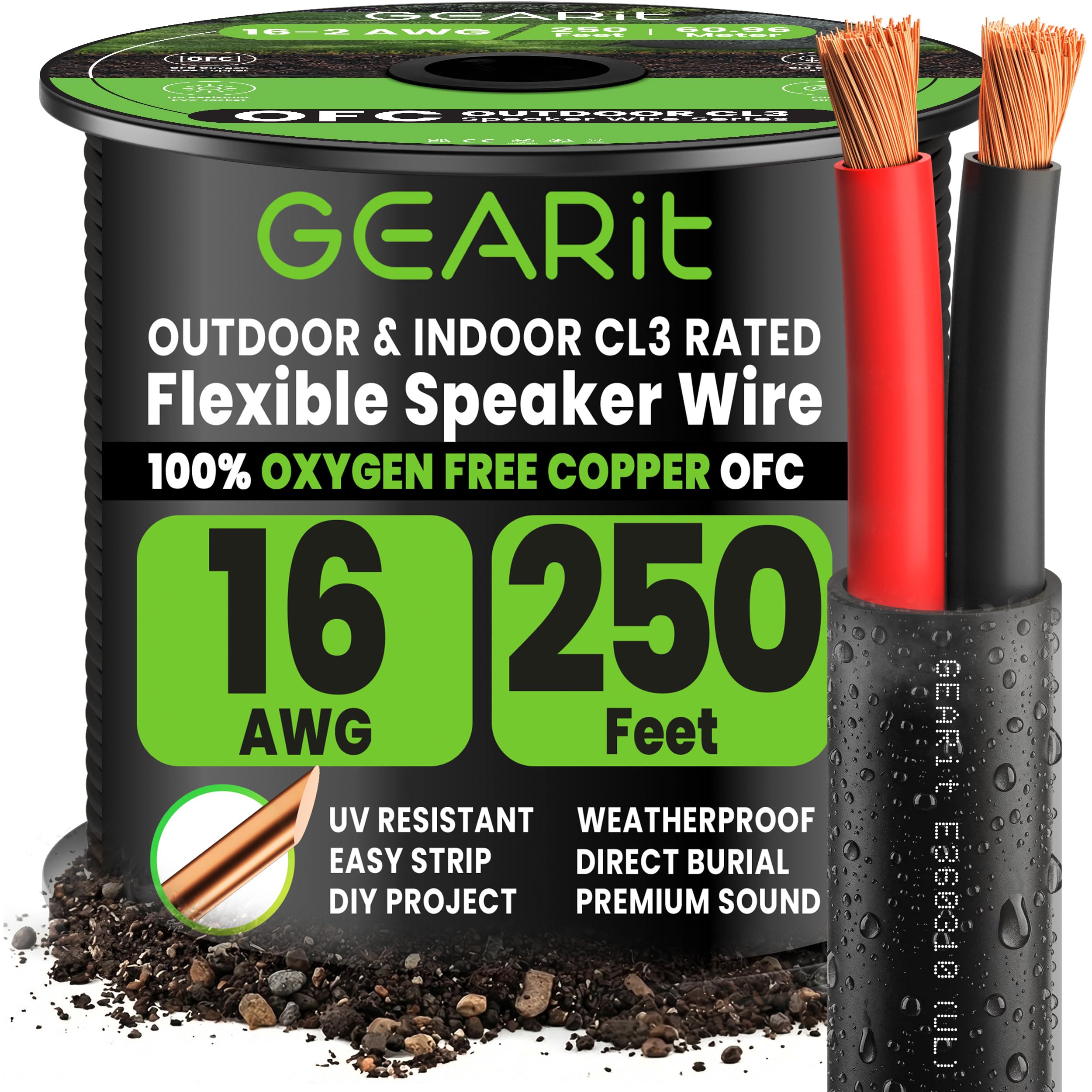 GEARit Outdoor Speaker Wire CL3 Rated, 16 Gauge Speaker Wire, Speaker Cable 250 ft for Outdoor Speakers, Patio, Garden, Backyard Audio, Direct Burial in Ground/in Wall, OFC (Black, 2-Conductors) Image