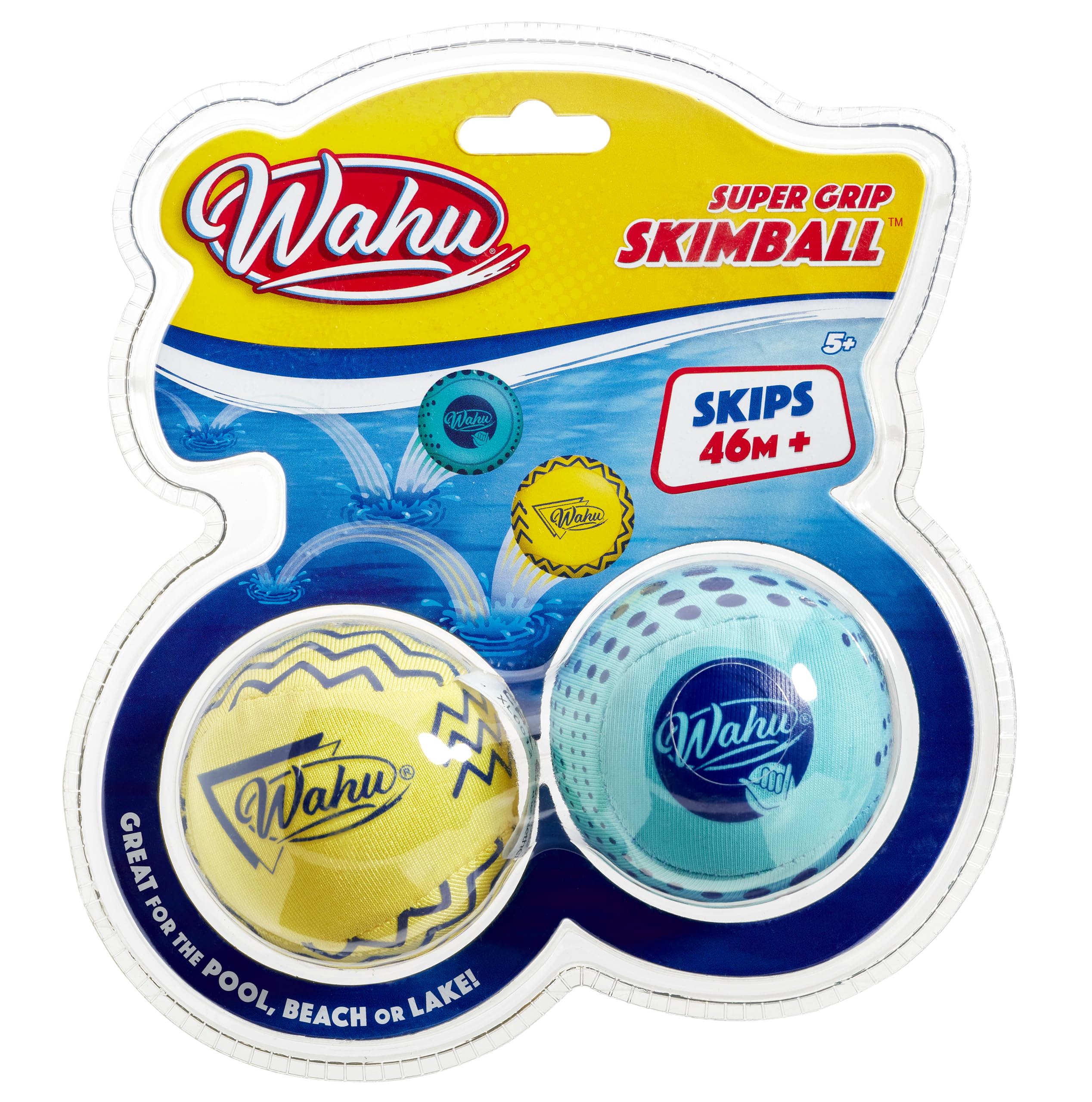 Wahu Super Grip 100% Waterproof Skimball Set, Pack of 2 Water Skipping Balls for Pool and Beach, Skips Over 150' on Water, Blue/Yellow