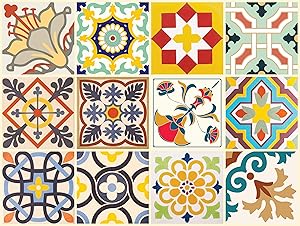 The Nisha 24 PC Pack Art Eclectic Peel and Stick Wall Sticky Backsplash Vinyl Waterproof Removable Tile Sticker Decals for Bathroom & Kitchen, 4x4 Inch, Cheerful 1282