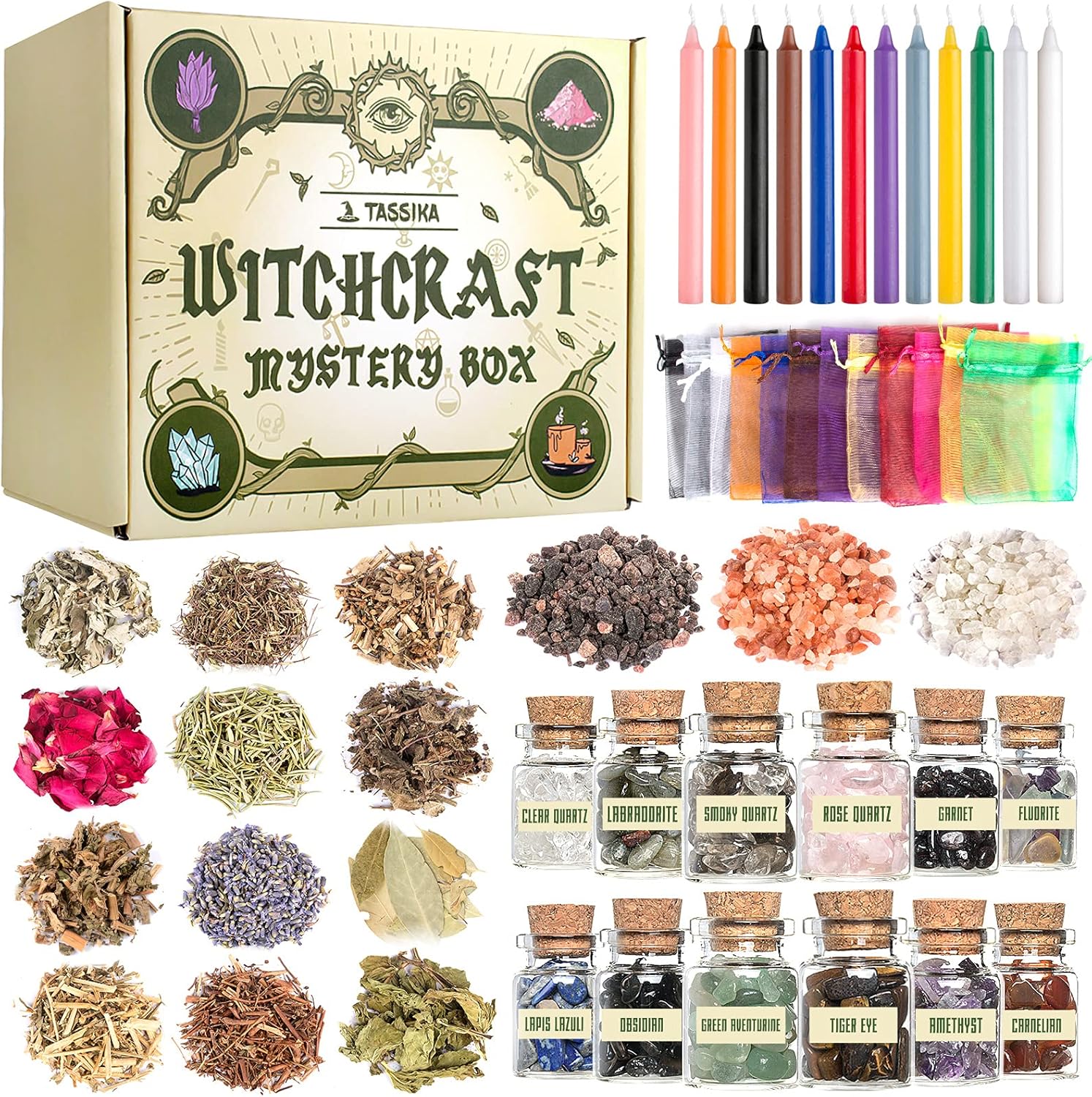 Indoor Fountains & Accessories - Witchcraft Starter Kit, Witchcraft Supplies for Wiccan Altar- 63 Pack of Crystals Dried Herbs, Colored Magic Candles, Charm Bags and Ritual Witches Salt for Spells, Baby Witches