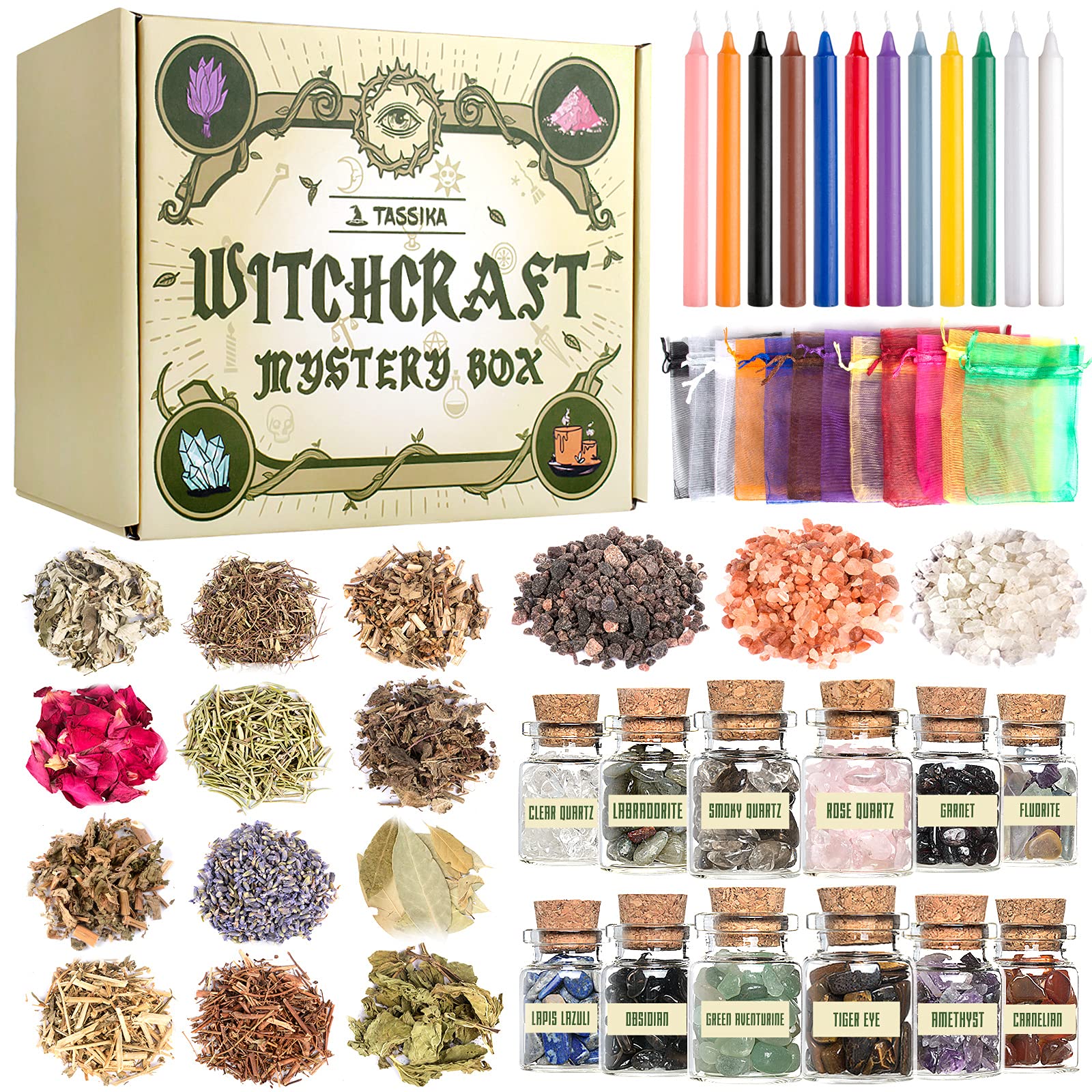 Tassika Witchcraft Starter Kit, Witchcraft Supplies for Wiccan Altar- 63 Pack of Crystals Dried Herbs, Colored Magic Candles, Charm Bags and Ritual Witches Salt for Spells, Baby Witches…