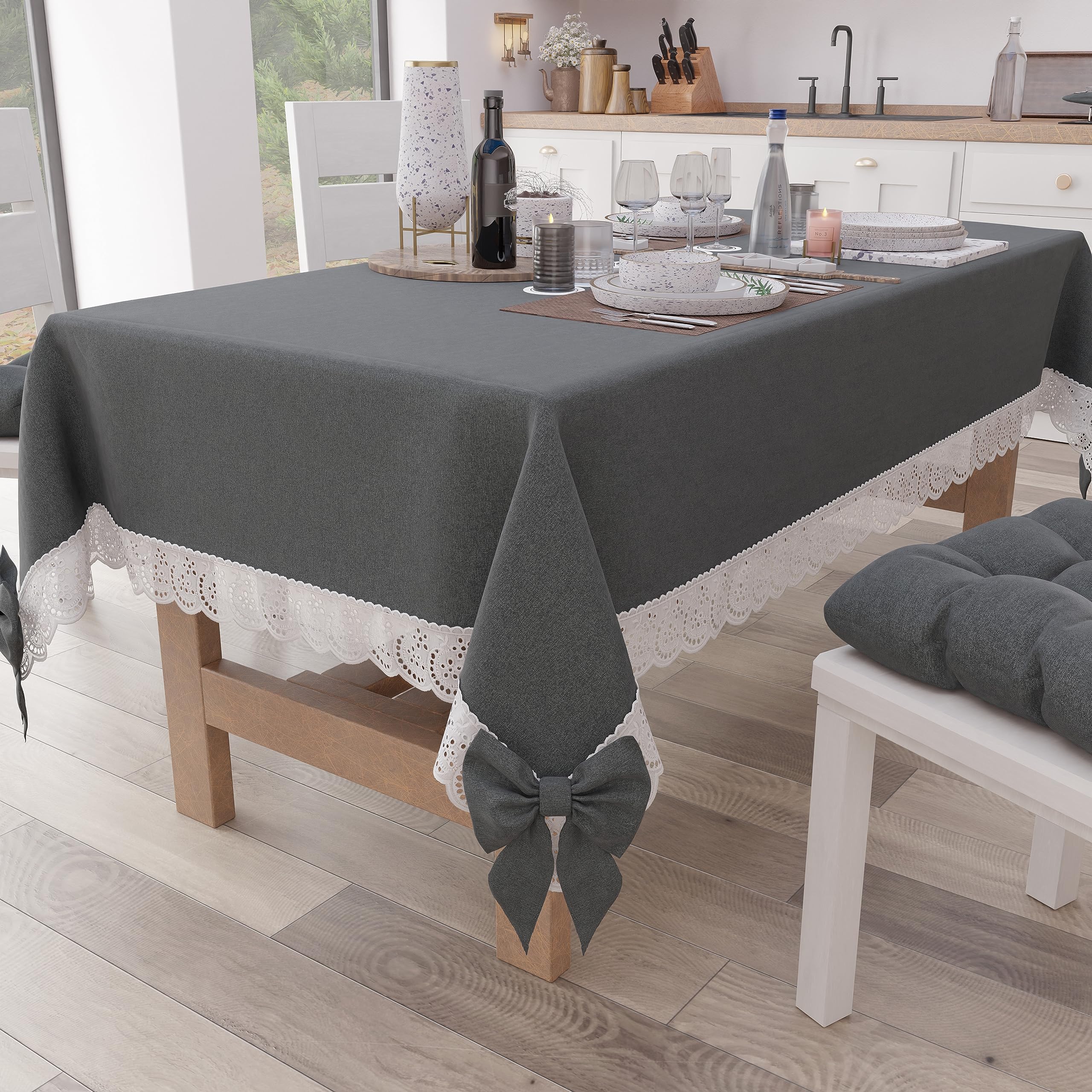PETTI Artigiani Italiani - Tablecloth, Tablecloth, Rectangular Kitchen Tablecloth with Sangallo Lace and Bows, Plain Cotton Table Cover, X6 Seater (140 x 180 cm) Dark Grey