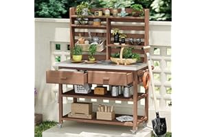 Siemd Outdoor Kitchen Island with Lockable Wheels, Outdoor Potting Bench Table with Upper Hutch and Stainless Steel Top, Towe