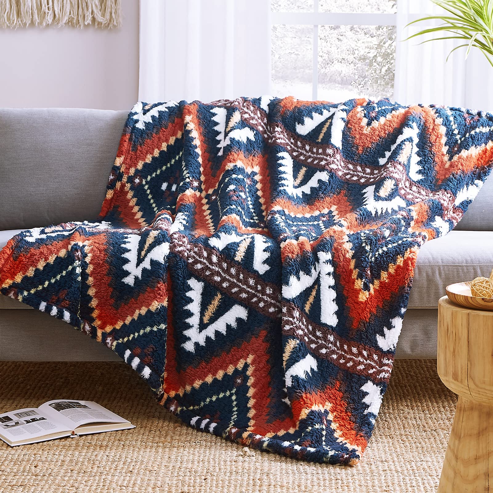 Photo 1 of CASAAGUSTO Boho Sherpa Blanket, Aztec Twin Blanket, Ultra Soft, Warm, Cozy, Plush, Thick Fleece Western Blanket for Couch, Bed, Sofa (Navy Blue 60 * 80 Inch)