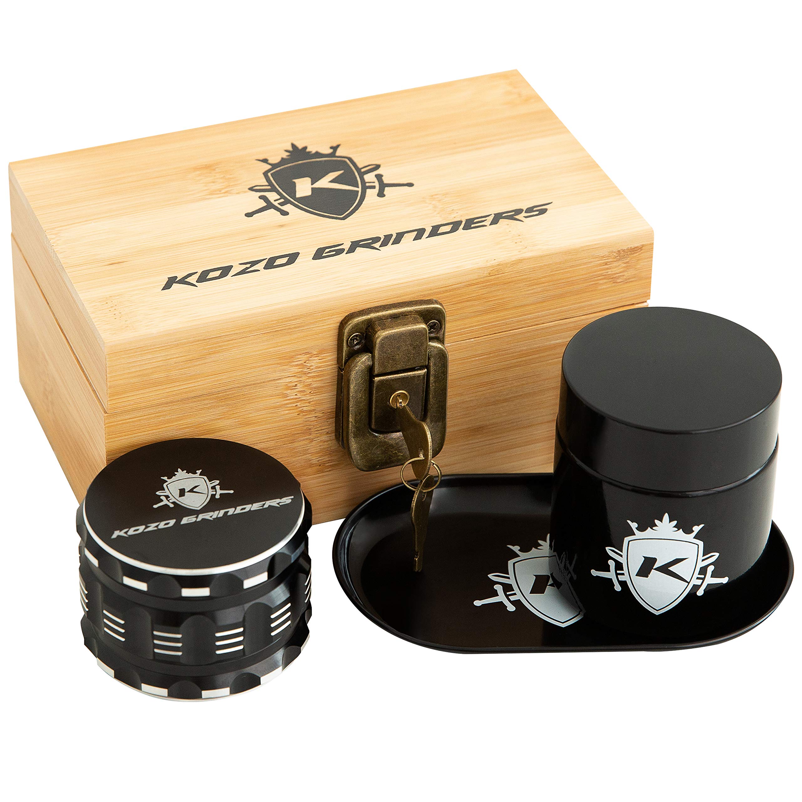 Kozo Wood Stash Box Combo Kit with Aluminium 2.5" Herb Grinder, Rolling