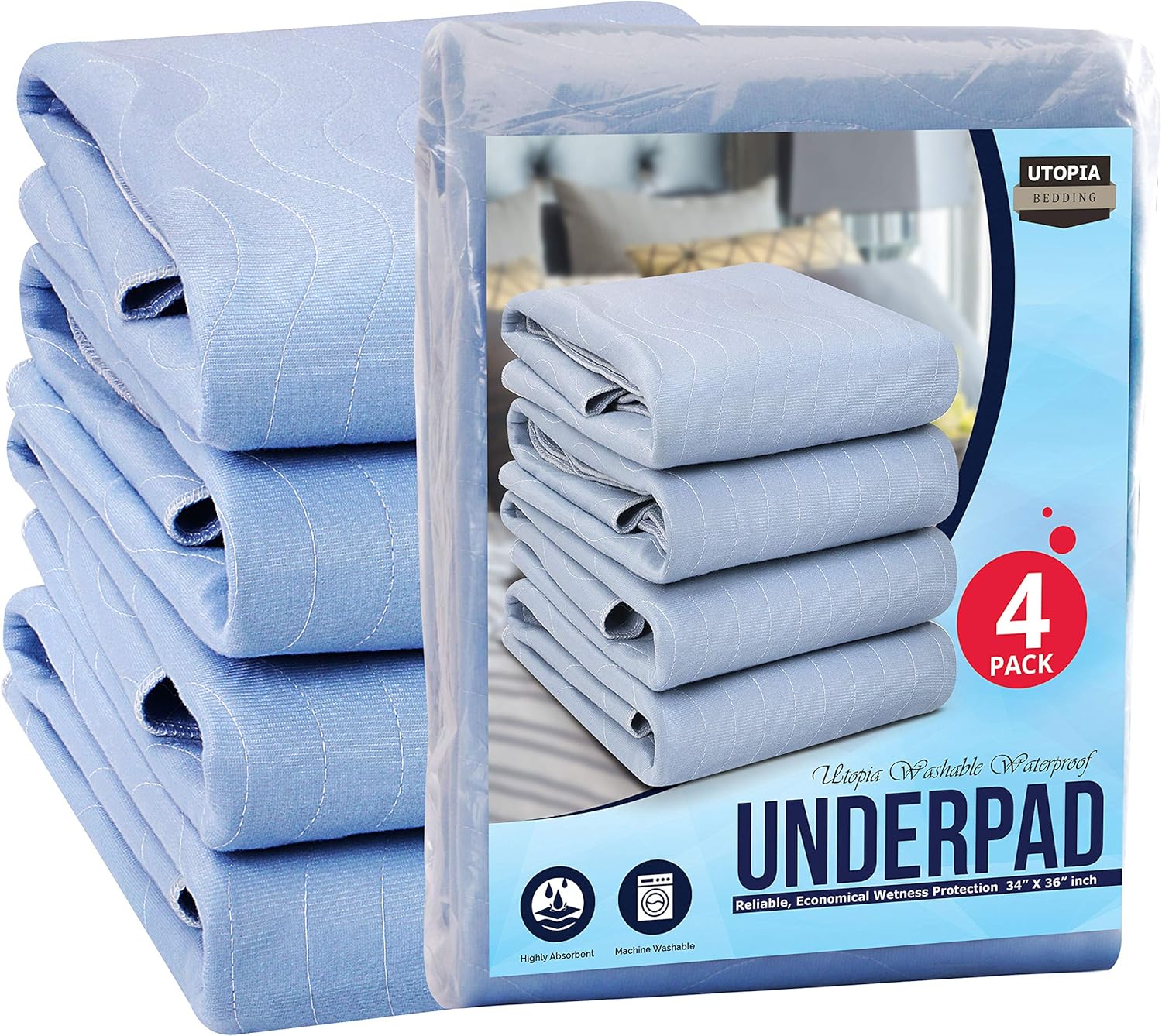 Utopia Bedding Waterproof Incontinence Underpads 34" x 36" (Pack of 4) - Washable and Reusable Bed Pads - Quilted and Absorbent Protector Pads for Adults and Kids (Blue): Health & Personal Care