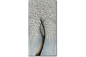 Epicler art Modern White Flower Tree Oil Painting 100% Hand-Painted Canvas Mural Home Wall Decorative Art 48x24 Inch