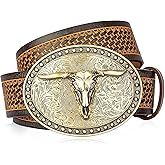 BISON DENIM Mens Western Cowboy Belt - Longhorn Cow Pattern Buckle with Printed Engraved Buckle Strap Adjustable