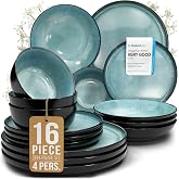 16 Piece Stoneware Dinnerware Set for 4, Handcrafted Plates and Bowls Set | Durable Reactive Glaze, Dishwasher &amp; Microwave Safe Dish Set, Chip &amp; Scratch Resistant Dishware Set, Ibiza Petrol Blue