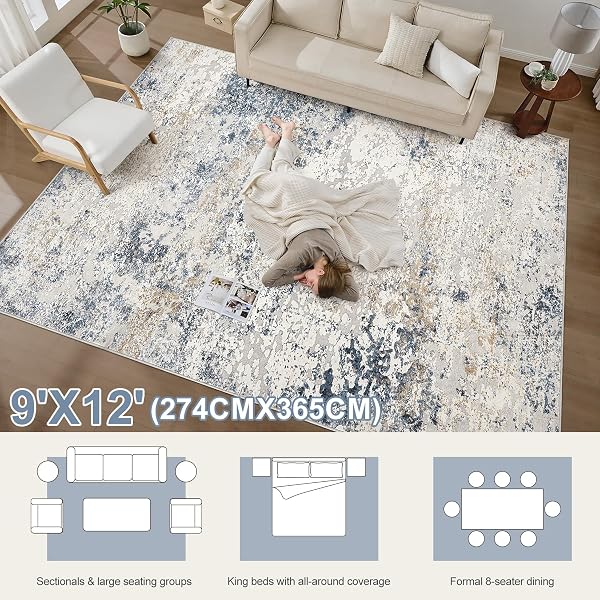 AREA RUG LIVING ROOM RUGS – 9X12 ABSTRACT LARGE SOFT INDOOR WASHABLE RUG NEUTRAL MODERN LOW PILE CARPET FOR BEDROOM DINING ROOM FARMHOUSE HOME OFFICE – BEIGE BLUE