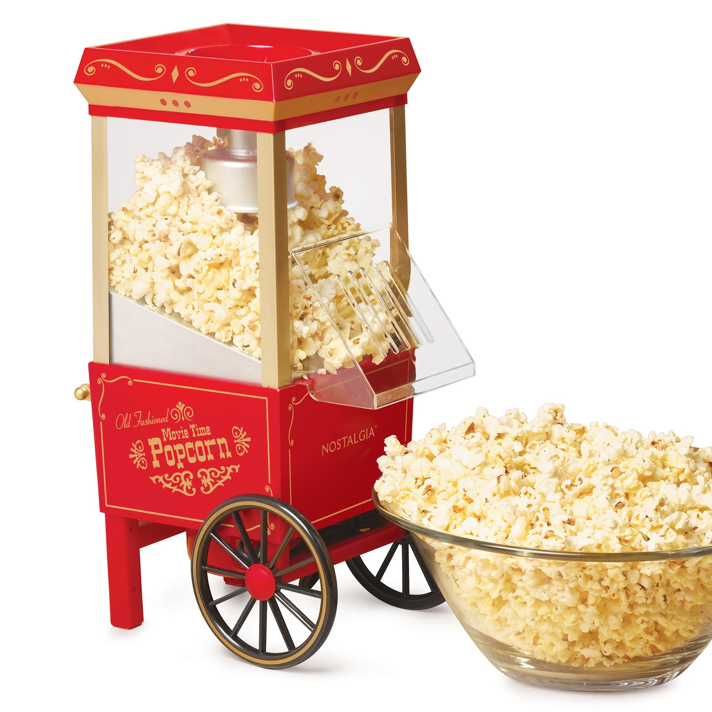 Nostalgia Vintage Hot-Air Popcorn Maker Machine - Makes Up to 12 Cups - Oil-Free - Healthier Popcorn - Classic Stand-Up Cart With Wheels - Includes Kernel Measuring Cup - Original Red