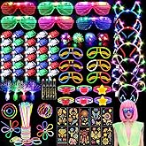 130PCS Glow in the Dark Party Supplies for Kids Adults, Light Up Party Favors with LED Glasses, Headbands, Finger Lights, Glow Sticks, Temporary Tattoos, Neon Face Body Paint for Halloween, Birthdays