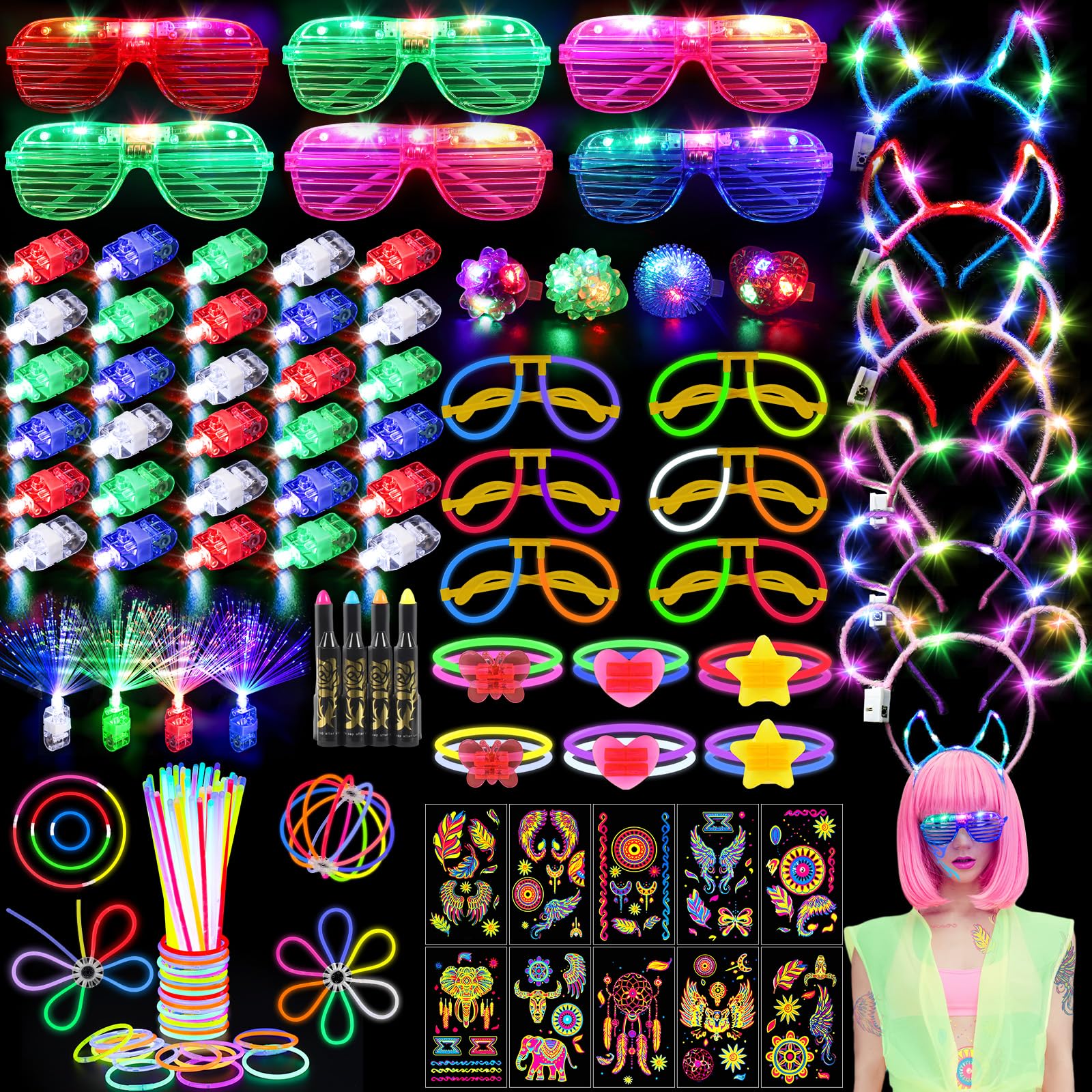 Photo 1 of 130PCS Glow in the Dark Party Supplies for Kids Adults, Light Up Party Favors with LED Glasses, Headbands, Finger Lights, Glow Sticks, Temporary Tattoos, Neon Face Body Paint for Halloween, Birthdays