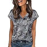 Zeagoo Women Silk Satin Tops Cap Short Sleeve Blouse V Neck Shirts Business Casual Outfits S-2XL