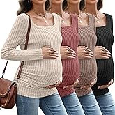 Sweetyweee 4 Pack Women's Maternity Ribbed Shirts Long Sleeve Square Neck Sweaters Casual Slim Side Ruched Pregnancy Clothes