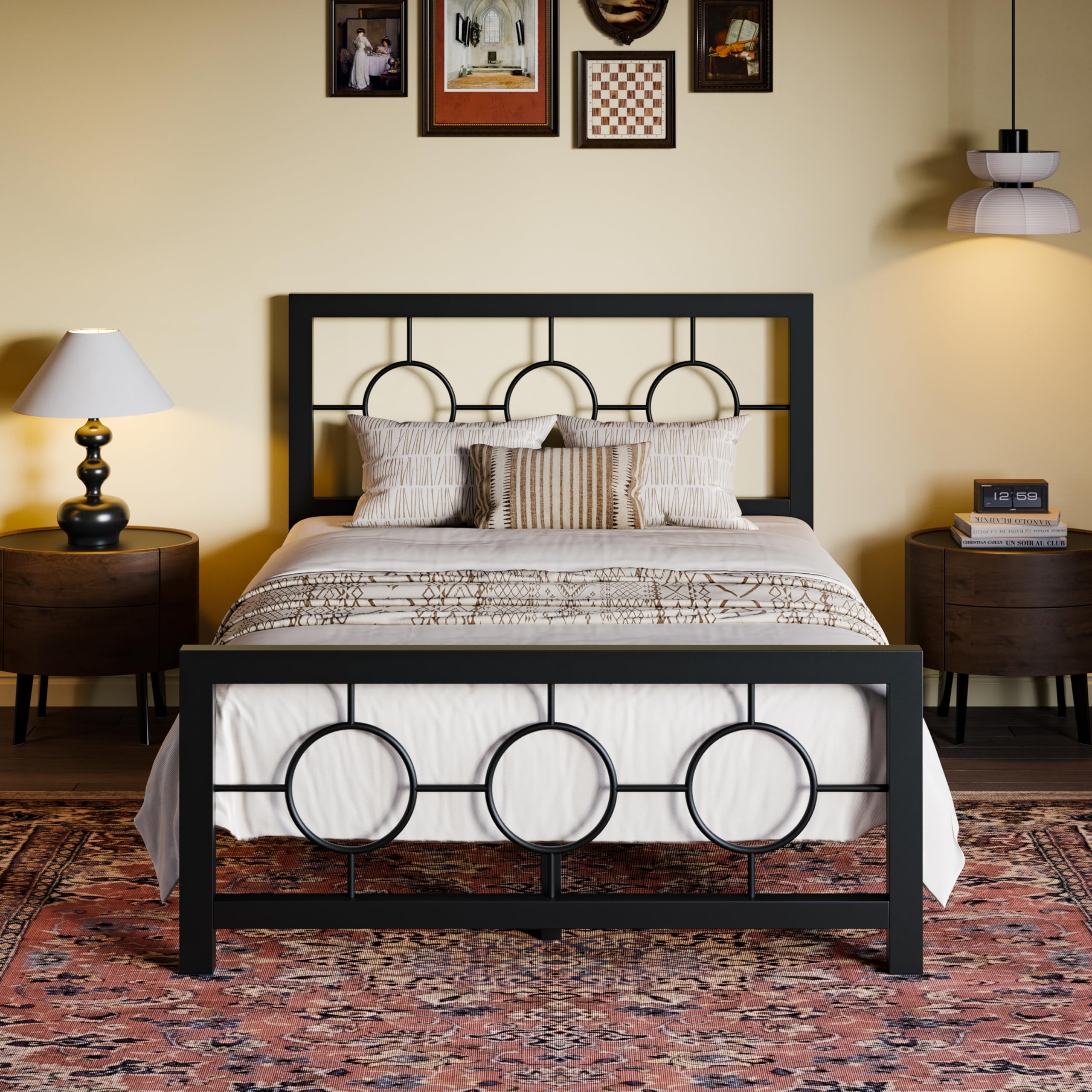 SHA CERLIN Twin Metal Bed Frame with Vintage Circular Design Headboard and Footboard,No Box Spring Required,Easy Assembly,Noise-Free,Black Image
