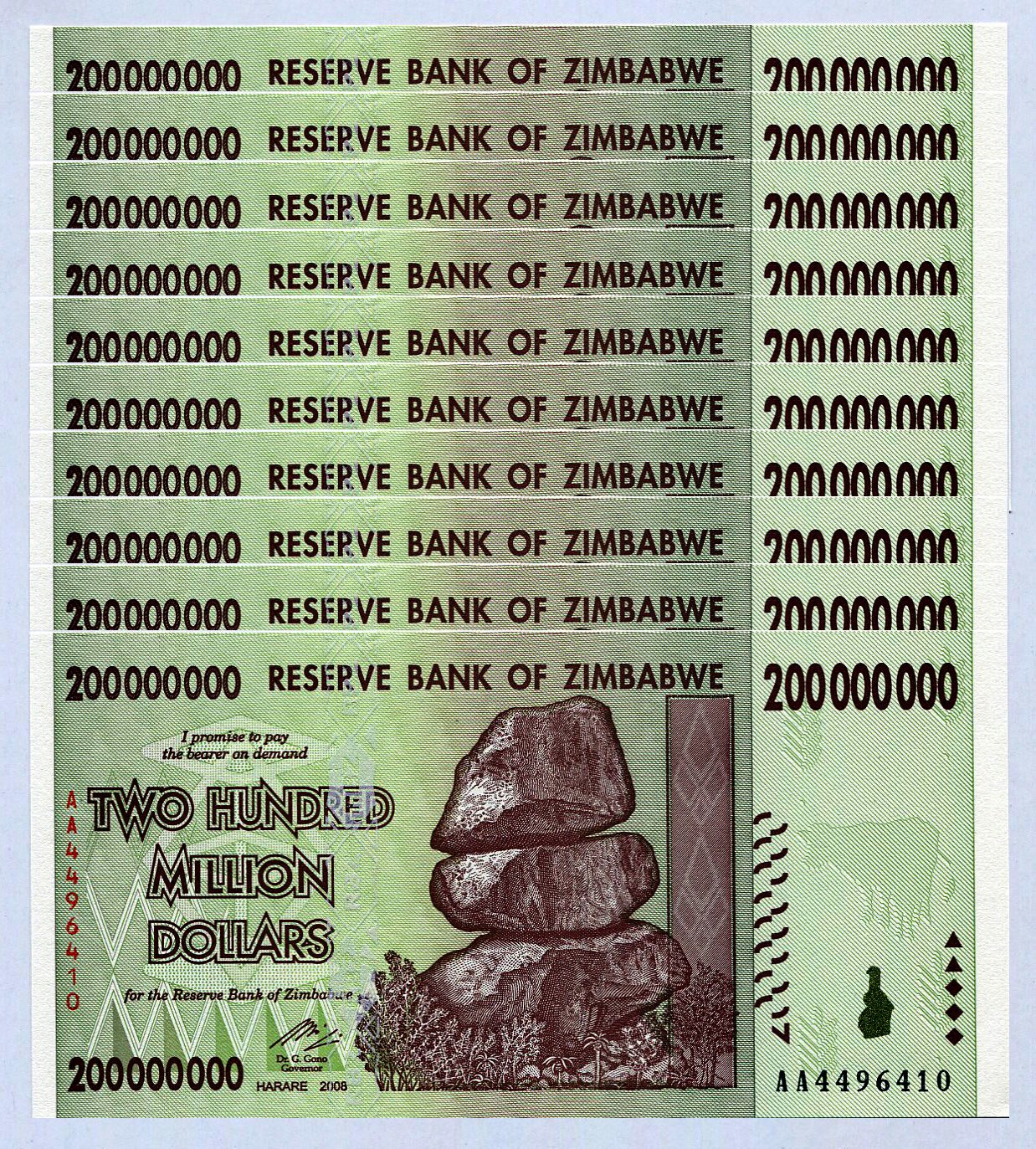 Zimbabwe 200 Million Dollars x 10 pcs 2008 P81 consecutive UNC currency bills