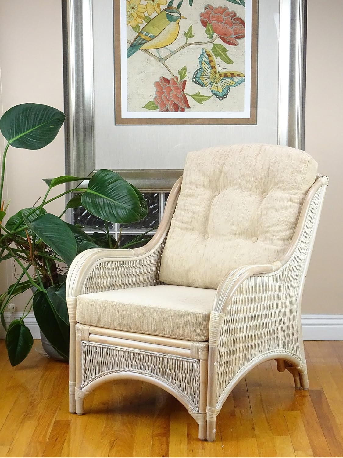 rattan living room furniture indoor on Amazon Com Jam Design Natural Rattan Handmade Wicker White Wash Lounge Chair With Cream Cushions Kitchen Dining