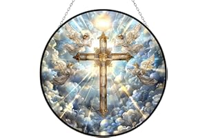 365CUSGIFTS Jesus Cross Stained Glass Window Hangings, Cat Butterfly Sunflower Handcrafted Stained Glass Suncatchers, Gift for Cat Lovers Nature Lovers (12”x12”)