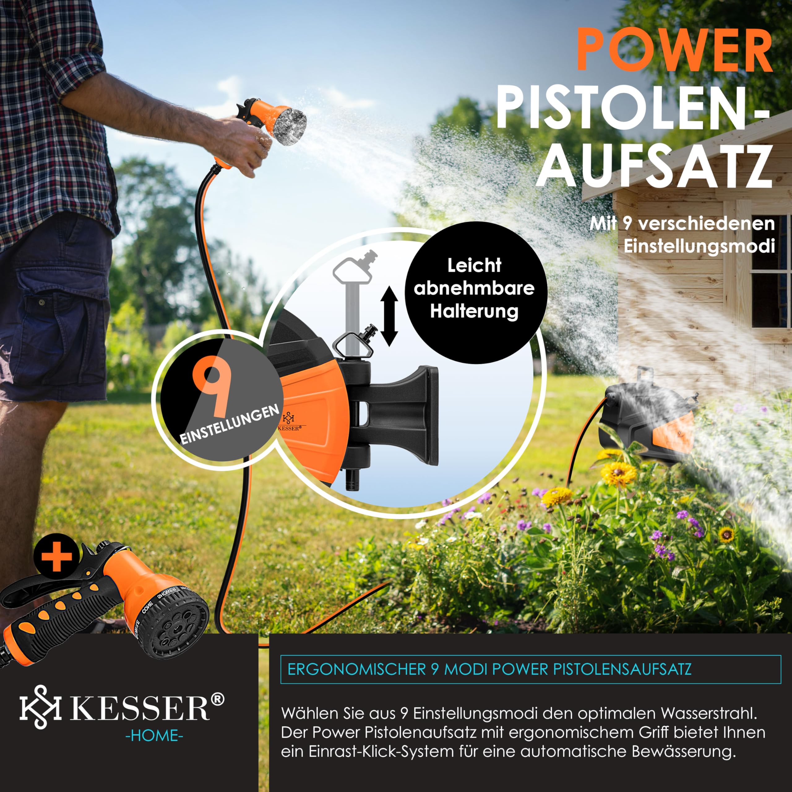 KESSER® automatische Schlauchtrommel 20 m + 2 m, Wand Schlauchbox mit Aufrollautomatik, Schlauchaufroller mit Gartenschlauch, 180° schwenkbar + Multi Handbrause mit 9 Modi, inkl. 2 Aufsätze, Orange 6