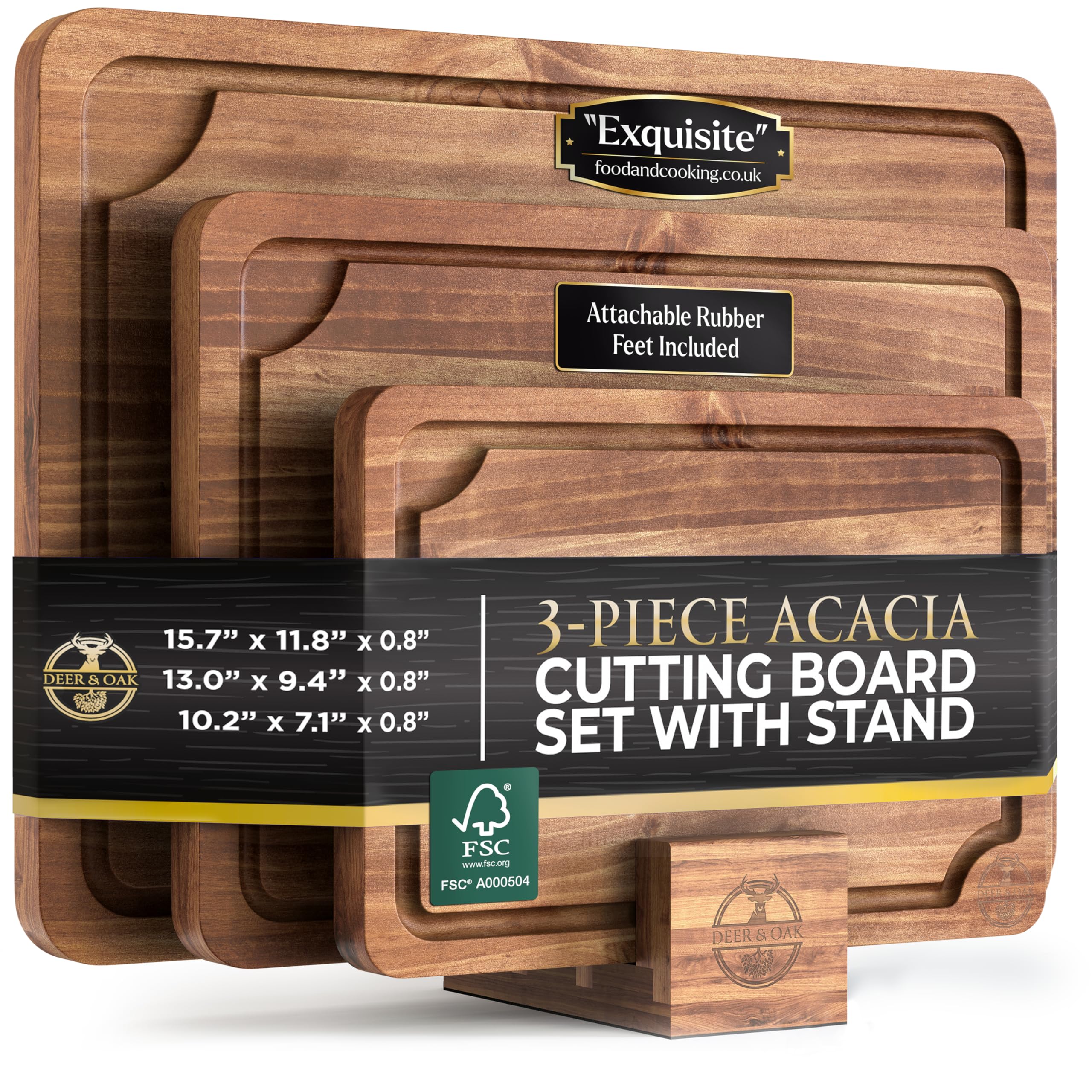 Photo 1 of Pre-Oiled, Non Toxic 3-Piece Acacia Cutting Board Set with Stand, FSC Certified Wooden Chopping Boards with Juice Grooves for Meat. 3 Size Wood Carving Boards for Home & BBQ Kitchens by Deer & Oak