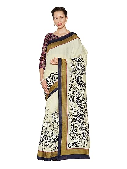 Womens Bhagalpuri Printed Saree (3514_Cream,Navy Blue)