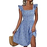 Loemes Summer Casual Cute Floral Flowy Square Neck Sundressses with Pocket Beach Dress for Women
