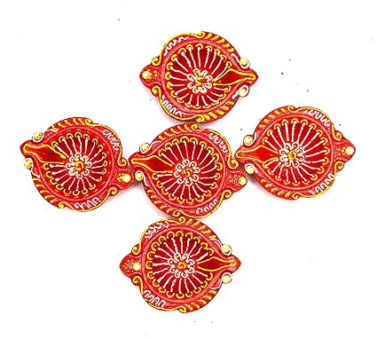 Handmade Traditional | Clay Diya | Terracotta Diya | Colorful Diya | Deepak | Hand Painted Diya for All Kind of Festivals | Diwali | Navratri | Clay Mitti Diya | Set of 5 | Red | 8 cm