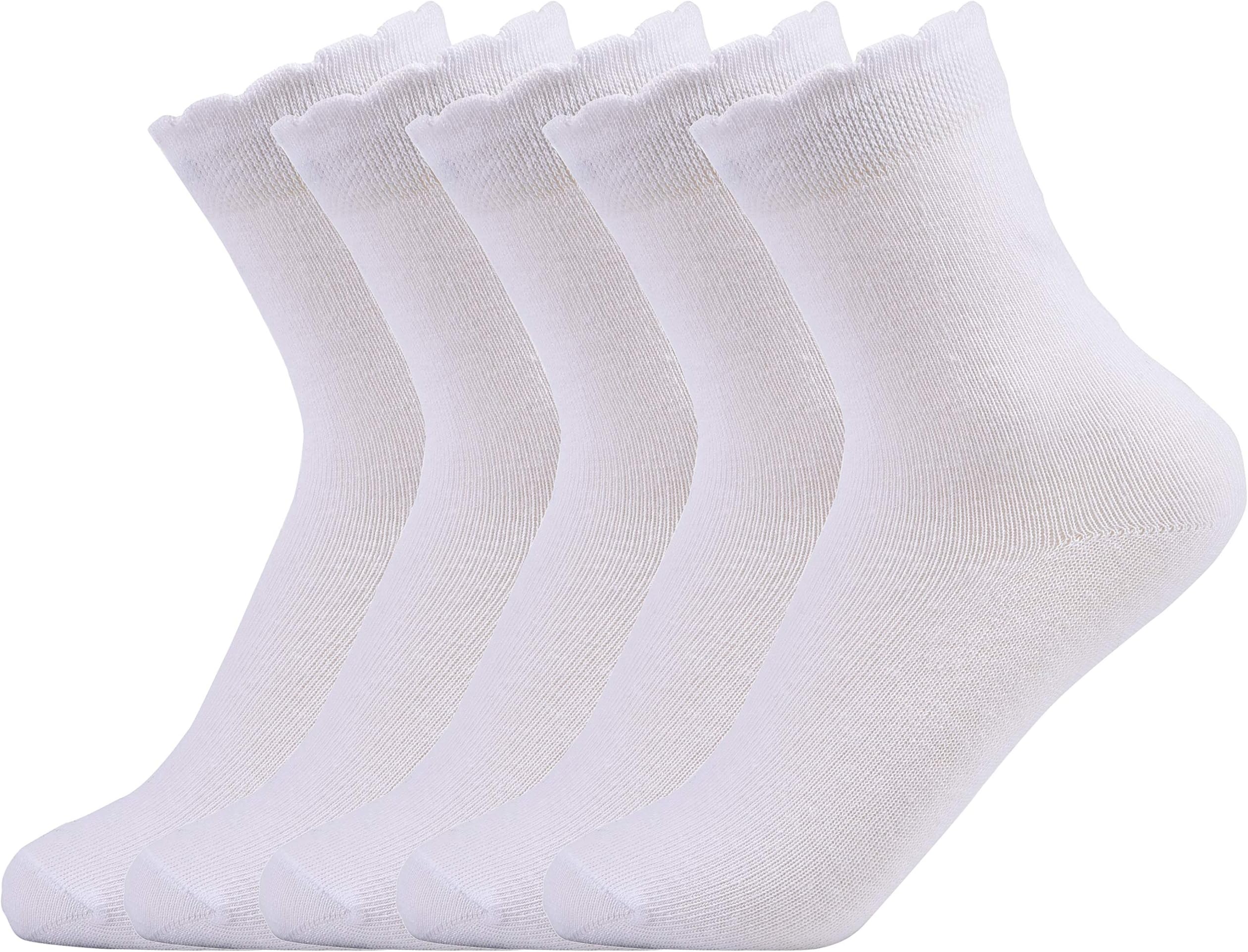 Laulax5 Pairs Finest Combed Cotton Smooth Seamless Toe Girls School Socks, White Frill Top, UK Womens Shoe Size 7.5-10.5, Gift Set