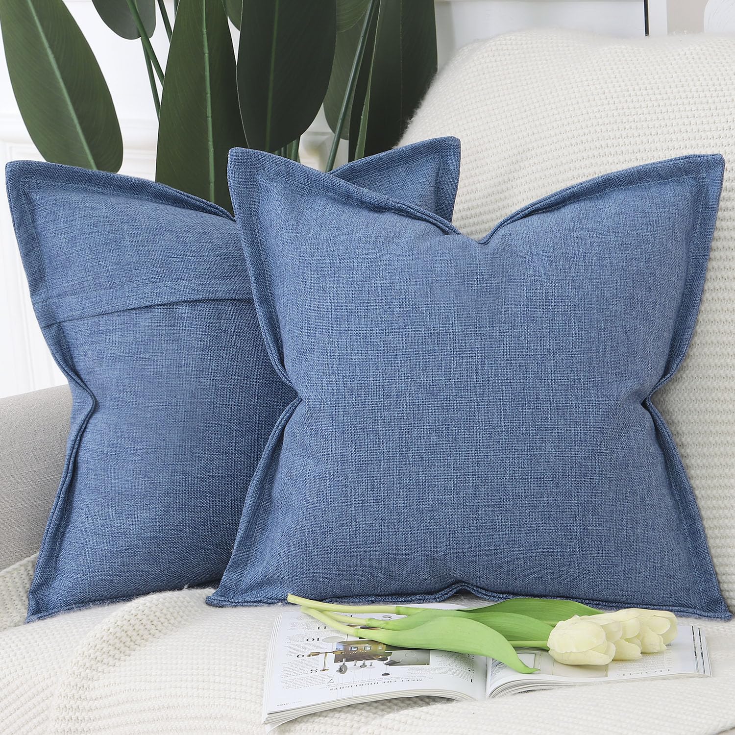 Madizz Set of 2 Faux Linen Cushion Covers with Broad Edge Soft Boho Decorative Pillow Cases for Sofa Bedroom Modern Pillow Shell 16x16 inch, 40x40 cm Denim Blue